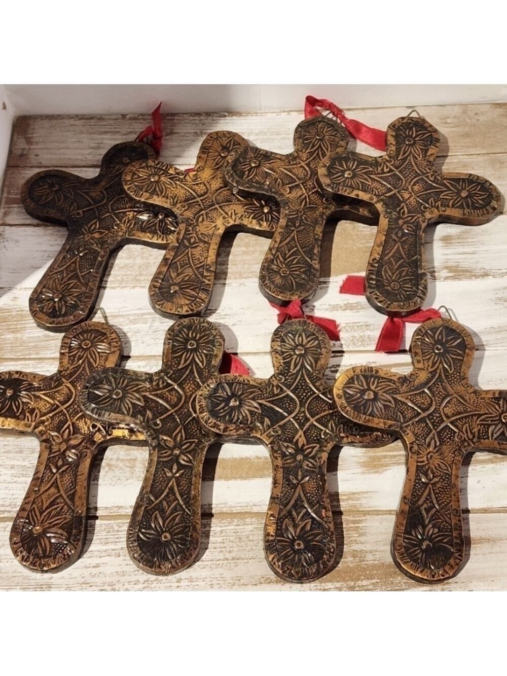 Copper and wood hammered floral cross wall decor ornaments lot of 8